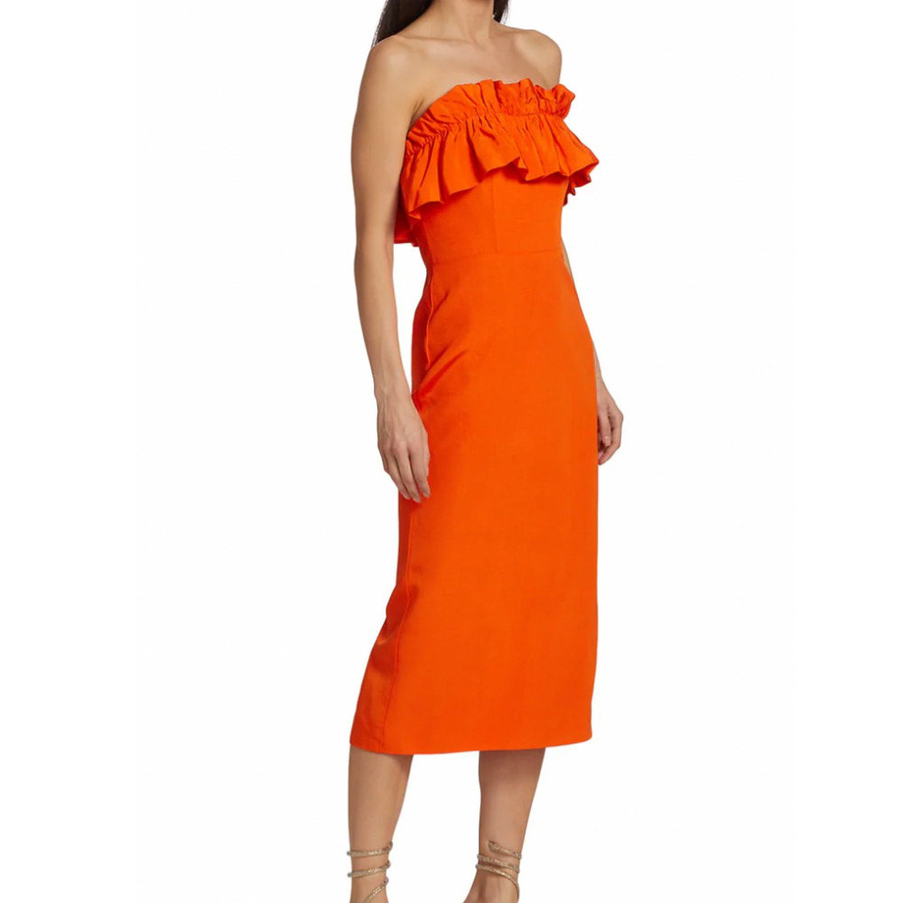 ML‎ Monique Lhuillier Ruffled Faille Red Orange Strapless Midi Dress Size 6